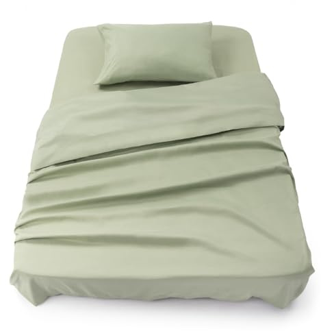 Blumtal® Bettlaken Set 3-teilig - Oeko-TEX zertifiziertes 3er Set - Spannbettlaken 90x190x30cm + Bettlaken ohne Gummizug 160x275cm + Kissenbezug 50x80cm - Leinentuch & Kissenbezug - Light Olive Green