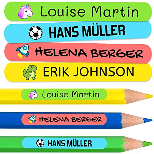 50 personalisierte Namensaufkleber zum Markieren von Bleistiften, Markern, Kugelschreibern. Farbige Etiketten für Kinder in Schule und Kindergarten, wasserfest. Größe 4,6 x 0,6 cm.