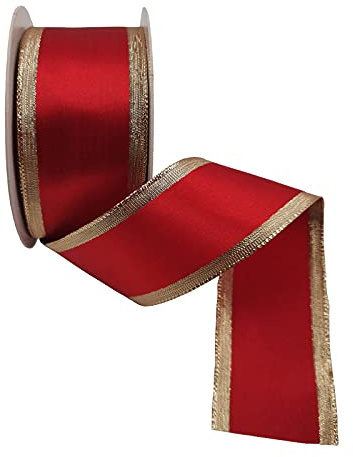 KLTRIBBON Rotes Satinband mit Draht, doppelseitig, mit goldfarbenen Lamé-Kanten, 3,8 cm x 10 m