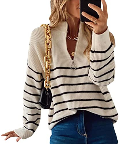 Onsoyours Dame Sweatshirt Lange Ärmel Streifen Pullover mit Stehkragen/Half Reißverschluss Pullover Casual Stricken Sweater A Beige M