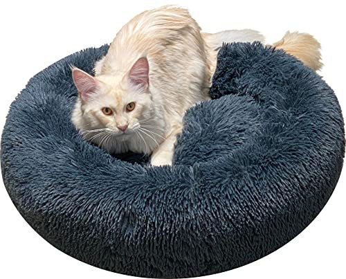 Comlax Beruhigende Donut Hundebetten XXL, Rundes Kissen mit abnehmbarem waschbarem Bezug, Anti-Angst-Kunstfell-Kuscheltier, Flauschiges, bequemes, pelziges Haustierbett (100cm, Dunkel Grau)