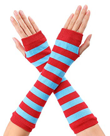 sourcing map Damen Gestrickte Fingerlose Daumenloch Ellenbogenlange Handschuhe mit Streifenmuster 1 Paar Blau Rot One Size