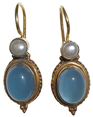 Chalzedon-Ohrringe leuchtend blau echte Süßwasser-Perle Hänger verschließbar Silber vergoldet Handarbeit Unikat Italien Geschenk für Frauen Retro Vintage