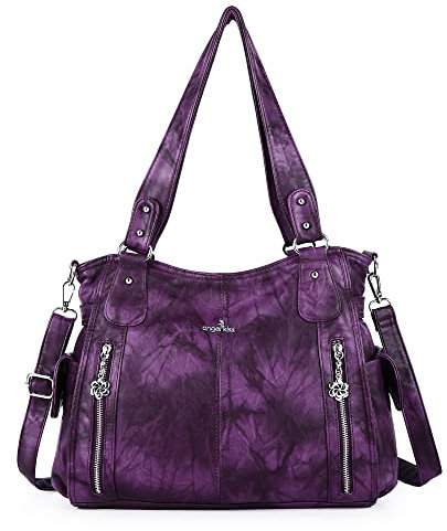 ZOCAI AngelKiss Handtasche Damen Schultertasche Multifunktionale Umhängetaschen Gewaschenes Veganes Leder Wasserdicht mit Reißver Schlusstaschen Reißverschlusstasche (Lila 2)
