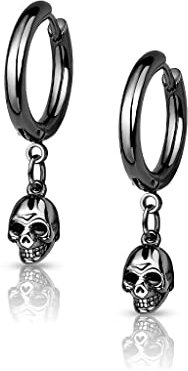 BlackAmazement 2er Set 316L Edelstahl Creolen Hinged Huggie 3mm Breite Dangle Skull Totenkopf Schädel Ohrring Piercing schwarz silber gold Gothic Biker Herren Damen (Schwarz)