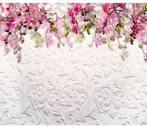decomonkey Fototapete Blumen 400x280 cm Tapete Fototapeten Vlies Tapeten Vliestapete Wandtapete Moderne Wand Wandbild Schlafzimmer Wohnzimmer Orchideen Abstrakt 3D Optik Blüten Ornamente Muster Rosa