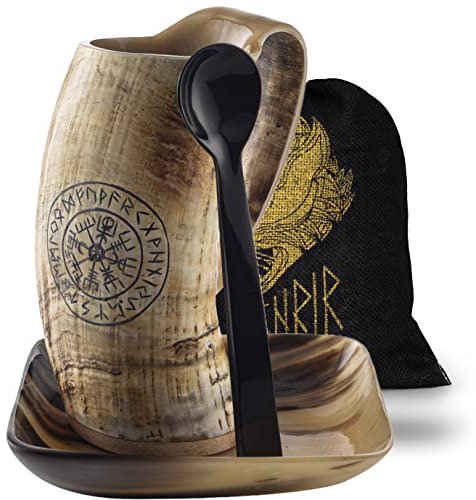 FENRIR - Hot Viking Horn Coffee Mug with Spoon and Bag, 3 Pc Set, Rustic Natural Finish, Safely Holds Hot and Cold Tea, Coffee, Cocoa, Wine, Beer or Mead Cup Size 14-16 oz Viking Compas