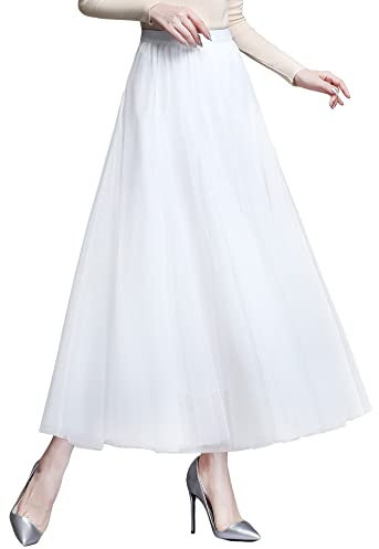 Edler Tüllrock A Linie Elastischer Hoher Bund Großer Saum Cool Prinzessin Langer Rock Maxirock für Damen Mädchen - Einfarbig Weiß