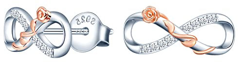 MICSAVI Collana Orecchini da donna ragazza, parure di gioielli in argento 925, ciondolo orecchini infinito zircone, collana orecchini simbolo di infinito con fiore di rosa, argento con oro rosa
