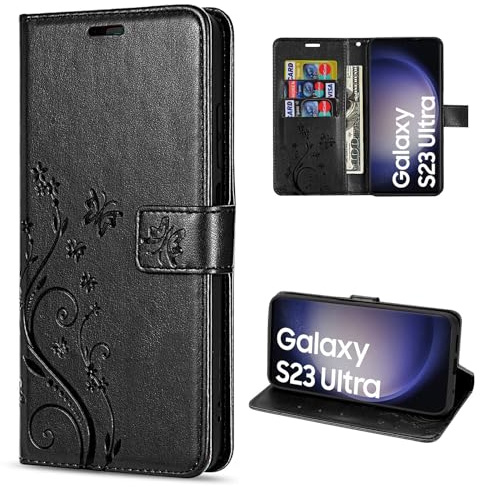 Hülle Kompatibel mit Samsung Galaxy S23 Ultra | Premium PU Leder Handyhülle Wallet Case für Galaxy S23 Ultra | Schutzhülle Blumen Klapphülle Handyhülle | Schwarz