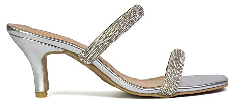 Womens Kitten Low Heel Sandals Ladies Double Sparkly Diamante Silver Slip On Party Shoes Size 3
