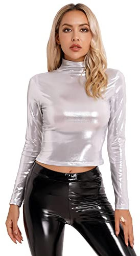 CHICTRY Womens Metallic Liquid Mock Turtleneck Shiny Holographic Crop Top Long Sleeve Tank Top Shirt Silver S