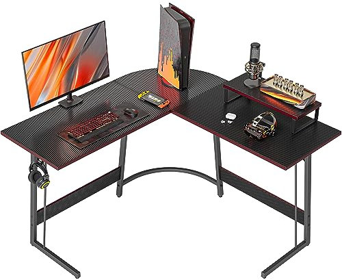 BANTI Bureau d'ordinateur de jeu en forme de L, bureau d'angle de 119,4 cm avec grand support pour écran – Pour maison, bureau, étude, poste de travail d'écriture, noir carbone