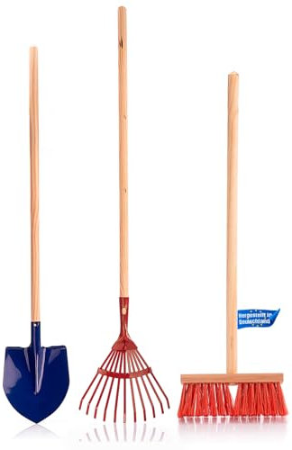 BigDean 3-teiliges Kinder Gartengeräte Set - Besen, Laubbesen & Spaten - aus Metall, mit Holz-Stiel - Kindergartengeräte, Gartenwerkzeuge - Made in Germany