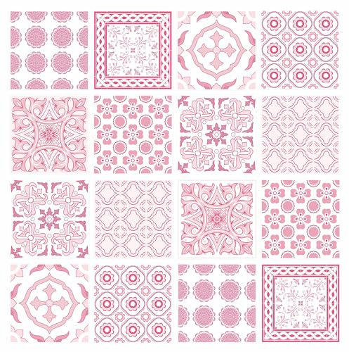 Tile Stickers, Pack of 24 Pink Mosaic Self Adhesive Waterproof Stickers for 100mm x 100mm / 4 Inch x 4 Inch Tiles, for Kitchen & Bathroom P03