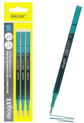 ONLINE 3x radierbare Ersatzminen I Kompatibel mit Pilot Frixion, magiXX I Türkis 0,7mm Strichstärke I Ersatzmine für Gelstift radierbar I Nachfüllminen für Gel-Tintenroller mit radierbarer Tinte