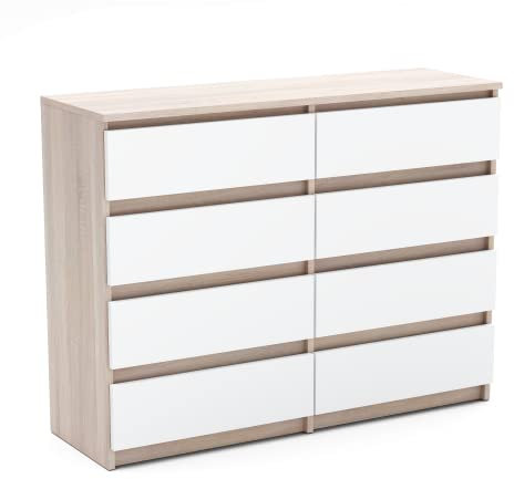 MRBLS Kommode mit 8 Schubladen Sideboard Schubladenschrank Kleiderschrank Modern Möbel mit Schubladen für Ihr Schlafzimmer (Sonoma - Weiß Matt) – 120 x 92,5 x 33,5 cm (B/H/T)