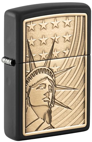 Zippo Sturmfeuerzeug - Liberty & Flag, Black Matte, Emblem - Nachfüllbar - Wiederverwendbar - Windfestes Design - Geschenkbox - Made in USA