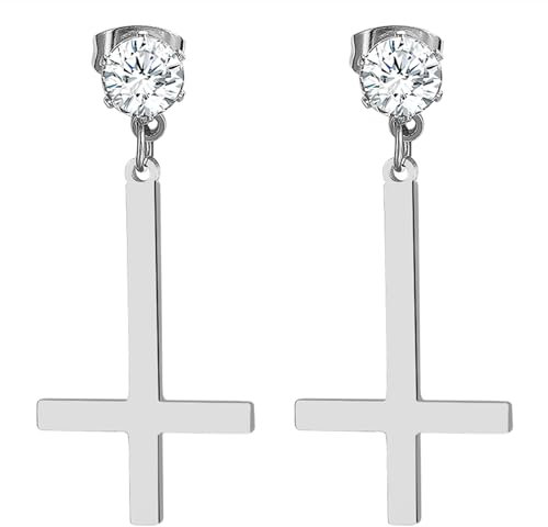 OIDEA Inverted Cross Earrings for Men: Silver Gothic Zirconia Upside Down Cross Earrings Stud St. Peter Satanic Earring Religious Christian Jewelry Gift for Men Women