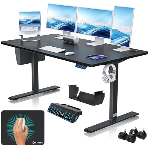 KESSER® Höhenverstellbarer Schreibtisch elektrisch 160cm x 70cm | Ergonomisch Steh-Sitz Schreibtisch | 3-Funktions-Memory Steuerung | Inkl. 360° Rollen & USB-Ladeanschluss Computertisch für Homeoffice