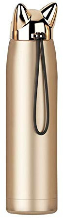 Glixoft 1 Botella De Agua Térmica De Acero Inoxidable con Diseño De Gato Bonito, Taza Térmica De Viaje, Lindos Frascos De Vacío para Mujeres Y Niños, 320/11 Oz (Dorado)