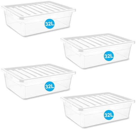 RelianceUK Underbed Plastic Storage Boxes with Lids (32 Litre / 4 Pack) | Home Office Kitchen BPA Free Under Bed Plastic Containers | 32L Stackable, Heavy Duty Tubs for Clothes Shelves Shoes Crafts