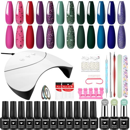 VANREESA Gel Nail Polish Set with Lamp Starter Kit , 30 PCS Gel Nail Kit with Base and Top Coat Dark Pink Purple Green Gels Polish Set Nail Salon Gifts for Women