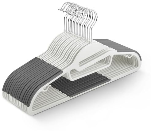 KEPLIN 20er-Pack rutschfeste Kleiderbügel – langlebiges, schlankes Design für platzsparende Aufbewahrung mit 360° Drehgelenk, Krawatten-Organizer, Gurthaken und S-förmiger Öffnung (weiß)