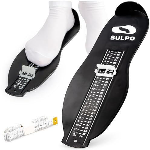 SULPO Medidor de tamaño de zapatos para niños - Medidor de pies para niños - Medidor de pies para niños y adultos - Medidor de tamaño de zapatos - Cinta métrica para niños - UK 2-12 / EU 18-47 - Negro