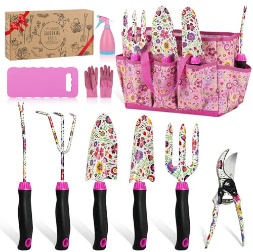 Housolution Garden Tools Set, 10 PCS Gardening Hand Tools Kit Heavy Duty Floral Gardening Supplies with Non-slip Rubber Handle Tote Bag, Gardening Tool Set Gifts for Women Birthday Mother's Day