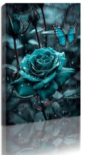 ZQQART Leinwandbild mit türkisfarbener Rose und Schmetterling für Paare Schlafzimmer Wanddekoration schwarz weiße Rose Blumen Nahaufnahme Bild Badezimmer Dekor (Blaugrün,40x60cm)