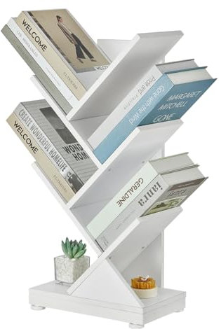 ruboka Tree Bookshelf, Retro Floor Standing Bookcase Display for CDs/Magazine/Books,Small Bookshelf for Bedroom,Living Room,Office,Balcony,Brown Storage Shelves (White, 5 Tier)