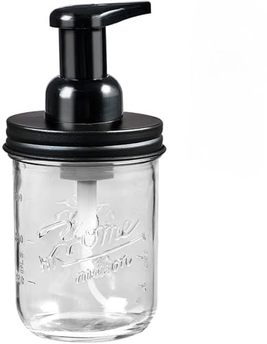 SheeChung Mason Jar Foaming Soap Dispenser, Hand Foam Soap Dispensers- Rustproof Stainless Steel Lid & Pump, Glass Foaming Soap Dispenser for Bathroom Kitchen Sink Countertops, Black (1 Pack)