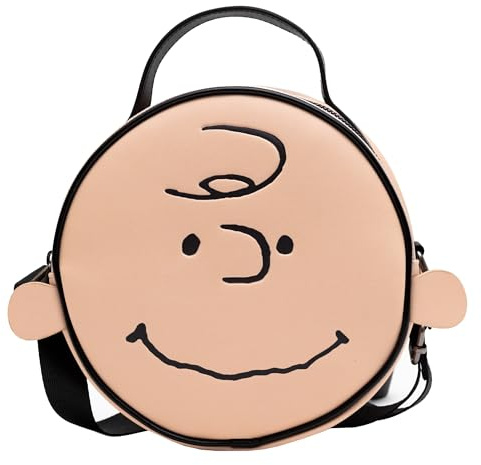 Peanuts Umhängetasche aus veganem Leder, rund, mit verstellbaren Trägern, Charlie Brown Smiling Face Character Close Up