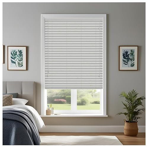 J.Din Made to Measure Blinds, Faux Wood Venetian Blinds with String 50MM Slats Easy Fit Windows Treatments Blind (Grey, 45cm Width x 150cm Drop)