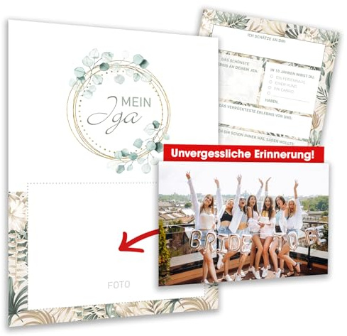 JGA Erinnerung für die Braut – 15 Karten zum Ausfüllen & Foto einkleben – A5 Format – liebevoll gestaltet – Inkl. Seidenband – Junggesellinnenabschied Deko & Geschenkidee