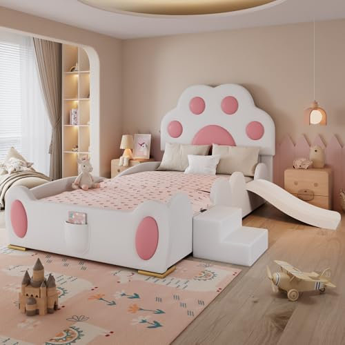 Arhatreya Lit capitonné, 90 x 200 cm, avec tête de lit, lit simple avec toboggan, sommiers à lattes stables, pour enfants, filles, adolescents (sans matelas) en polyuréthane blanc + rose
