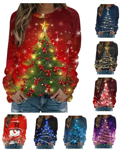 Light Up Christmas Jumper for Women Xmas Tree Print Sparkly Tops Funny Christmas Jumpers for Women UK Classic Long Sleeve Crew Neck Sweatshirt Xmas Pullover S-3XL