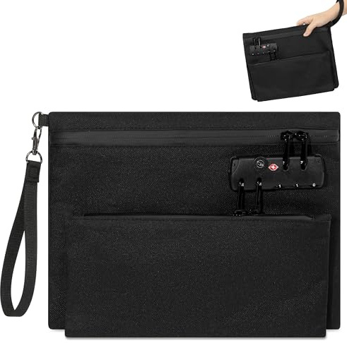 Wood Homing Money Bag with Combination Lock - Security Smell Proof Lockable Bag with Double Layer Strap for Document Cash Holder Large Waterproof Safe Storage Pouch Box for Phone Wallet Key (Black)