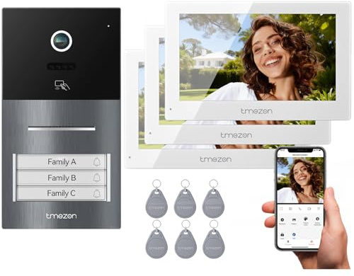 TMEZON Videocitofono Smart 2 Fili Video Citofoni Y70,Tre schermi e Campanello Esterno con Telecamera,APP/Carta RFID Unlock,Rilevare Movimento Umano Intelligente,Trifamigliare