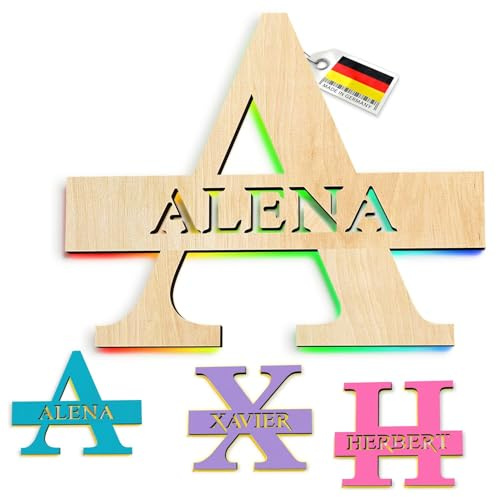 Customdo Personalisierte Buchstaben Lampe mit Namen - LED Wandleuchte aus Holz - Warmweiß oder RGB - Deko für Kinderzimmer Baby Geschenk zur Geburt Taufe