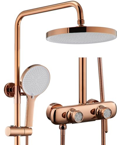WRKMH Duschsystem Roségold Wasserfall Duscharmatur Komplettset 3 Funktional | Duschgarnitur mit Regendusche, Duschamaturenset Regendusche Wandmontage Duschset mit Armatur, 3 Funktional Handbrause