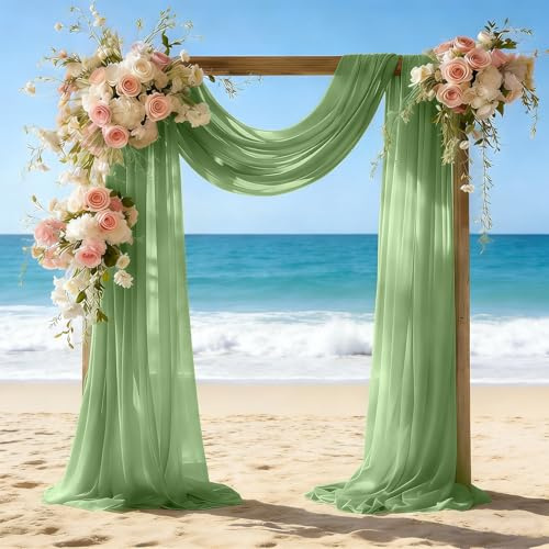 Teruntrue Hochzeitsbogen-Stoffvorhänge, 2 Panelen, 70cm x 610cm, Salbeigrün durchsichtiger Chiffon-Vorhang für Hochzeitsbogen, Zeremonie, Bühne, Decke und Hintergrunddekoration