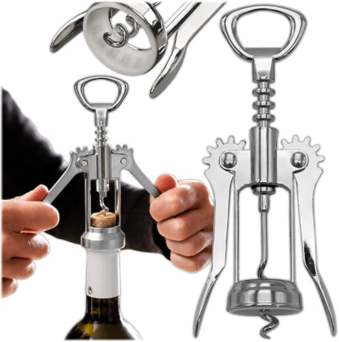 KRUMAD Korkenzieher Wein, Wine Opener, Flaschenöffner, Weinöffner | 2in1, 21 cm, 103g, Edelstahl, Praktischer Flügelmechanismus, Integrierter Flaschenöffner, Stabil, Silber