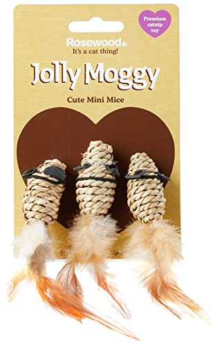 Rosewood Jolly Moggy Catnip Mice Toys – Set of 3 Mini Mice with Natural Catnip for Cats and Kittens, Interactive Cat Toy for Indoor Play, Hunting and Exercise