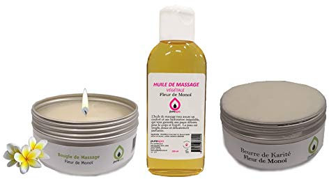 Monoï-Set Geschenkset Massage sinnlich Wohlbefinden mit 1 Massagekerze Monoï-Blume, 1 Monoï-Massageöl, 1 Monoï-Butter