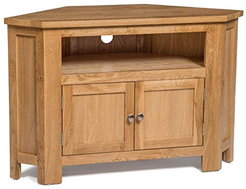 Hallowood Furniture Waverly Oak Corner TV Unit with Cable Hole & Storage Cupboard, 2-Door Solid Wooden Light Oak TV Stand Cabinet with Adjustable Shelf, Corner Unit for Living Room or Bedroom