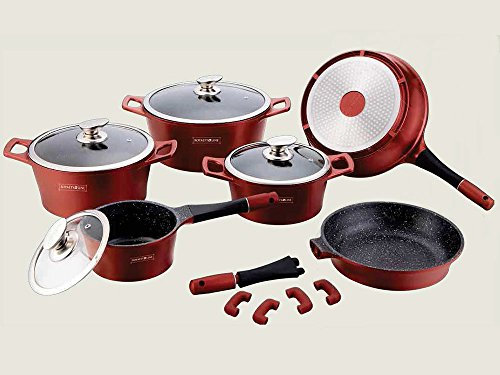 Euroricami Batteria di Pentole 14 Pezzi in Pietra Lavica Royalty Line - Colore Rosso Borgogna