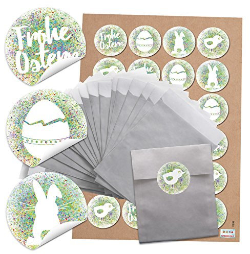 Logbuch-Verlag 24 kleine Papierbeutel silber grau 9,5 x 14 cm mit Ostern Sticker Verpackung für mini Sachen Geschenke für Kunden Gäste