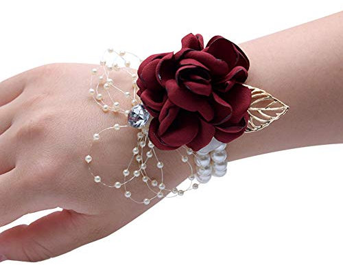 Fitwish Ototon Fleur à Poignet de Mariage Rose Bracelet à Fleurs avec Strass Accessoire pour Mariage Mariée Demoiselle d’Honneur (Rouge Foncé)